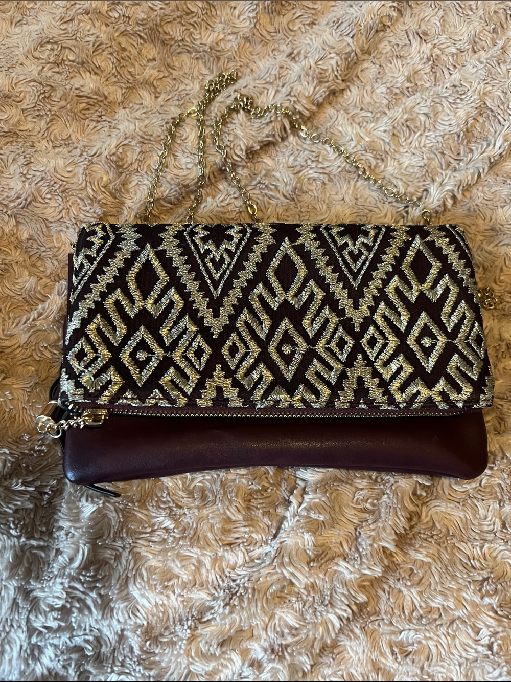 Gold-Embroidered Fold-Over Crossbody Bag in Burgundy